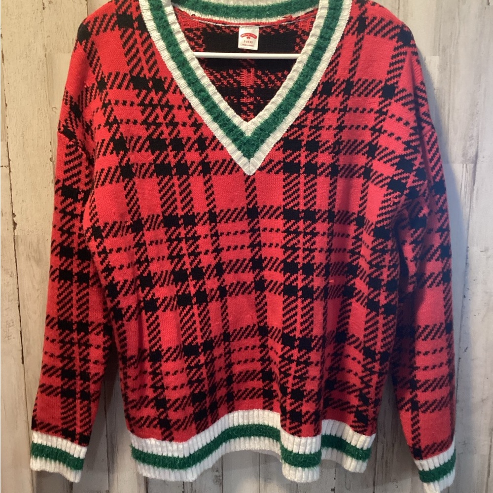 Red and Black Plaid V-Neck Sweater